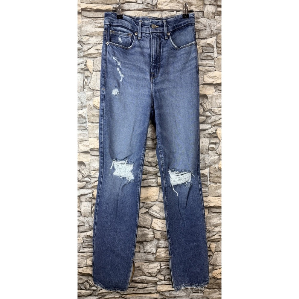 Good American Good Boy Jeans W Inseam Split Sz 2/26 Straight Leg High Rise 26x33